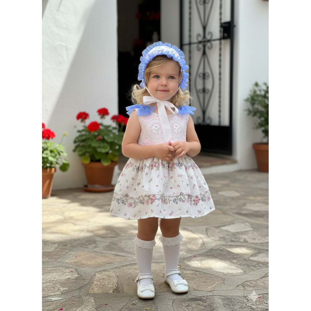 طقم طفلة فستان  مع قبعة  – مورد وبتفاصيل تل ناعم 20268