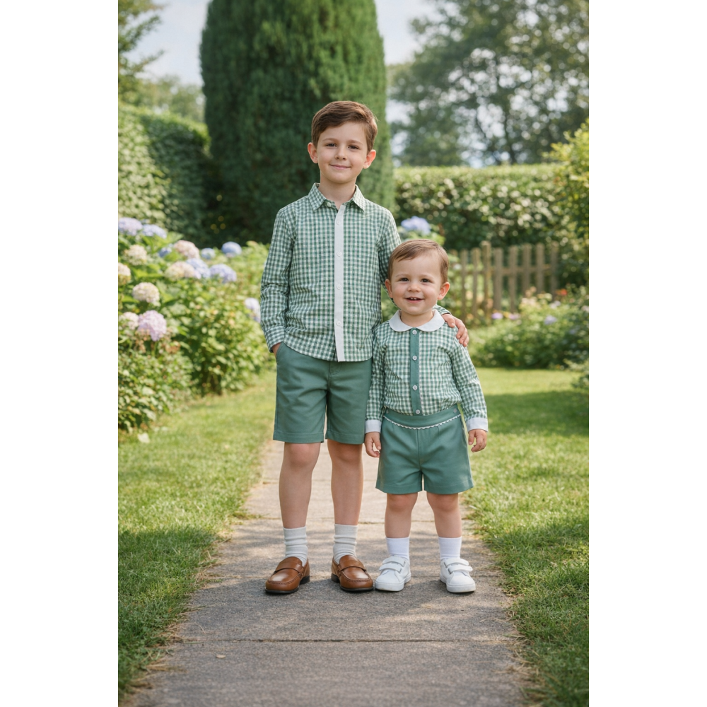  بدلة ولادي قميص كاروهات  وشورت اخضر 202611