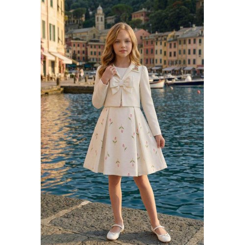 طقم فستان - أبيض - بنقشة زهور مع جاكيت لبنات السن المحير 36299