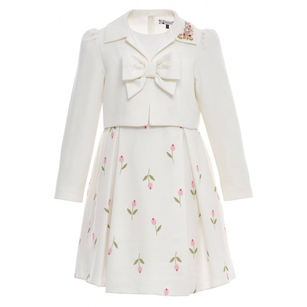 طقم فستان - أبيض - بنقشة زهور مع جاكيت لبنات السن المحير 36299