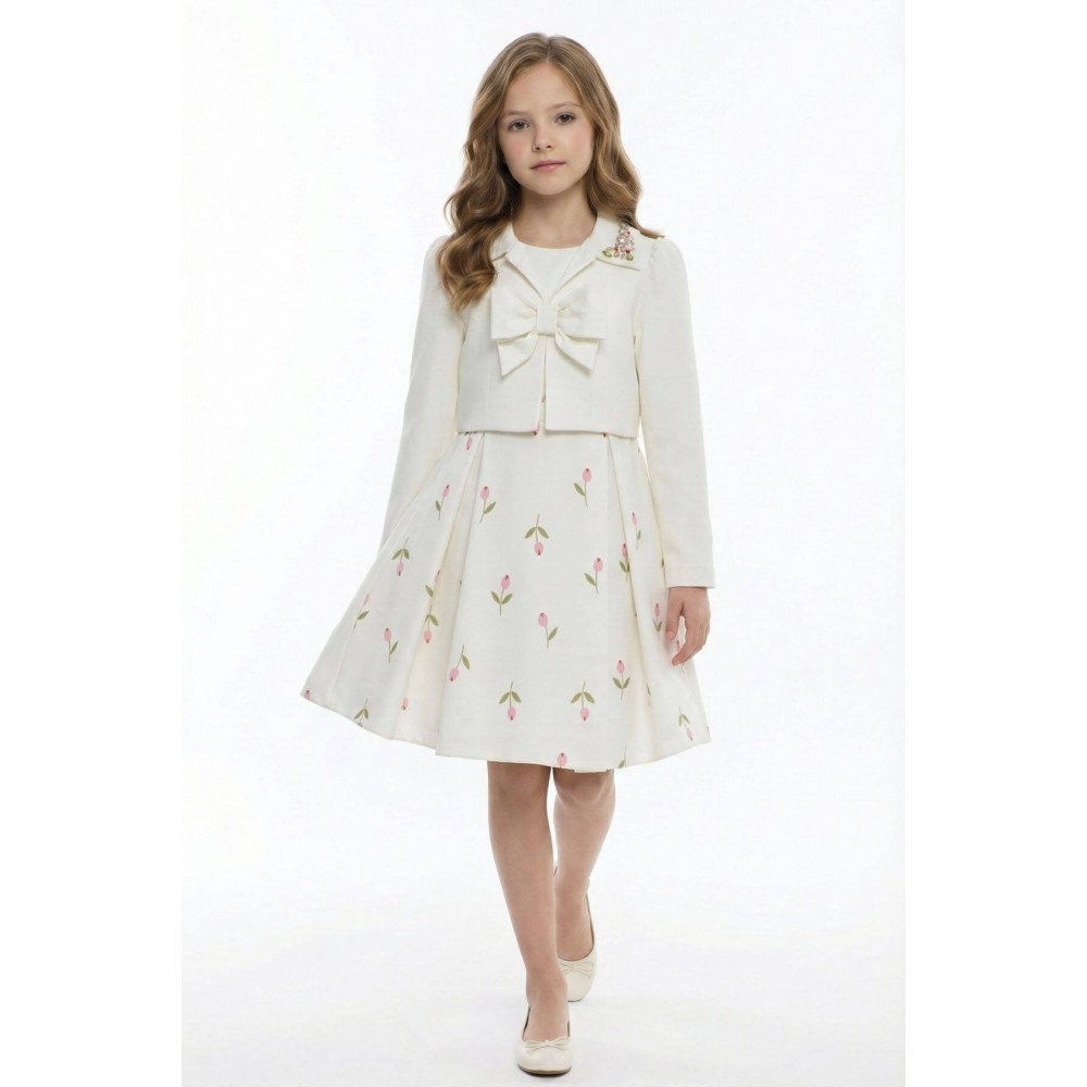 طقم فستان - أبيض - بنقشة زهور مع جاكيت لبنات السن المحير 36299