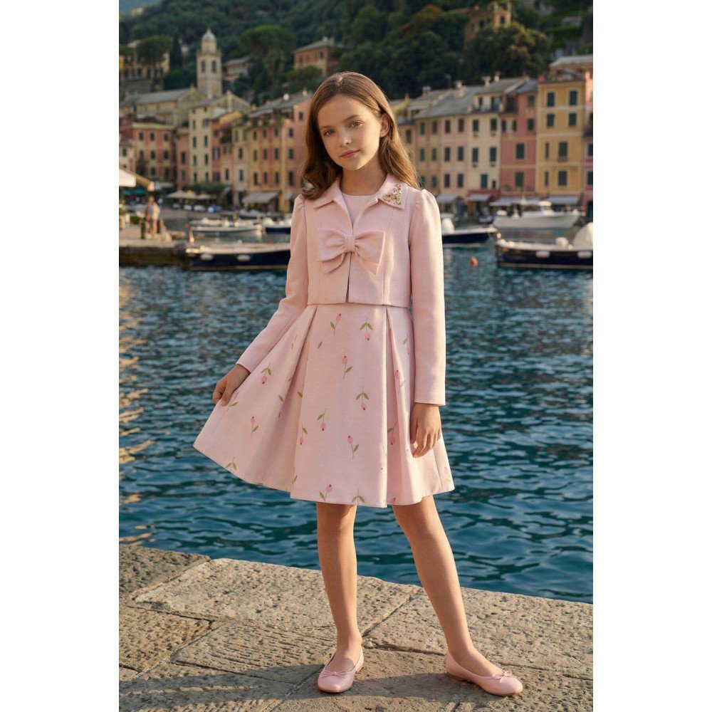 طقم فستان - وردي - بنقشة زهور مع جاكيت لبنات السن المحير 36299