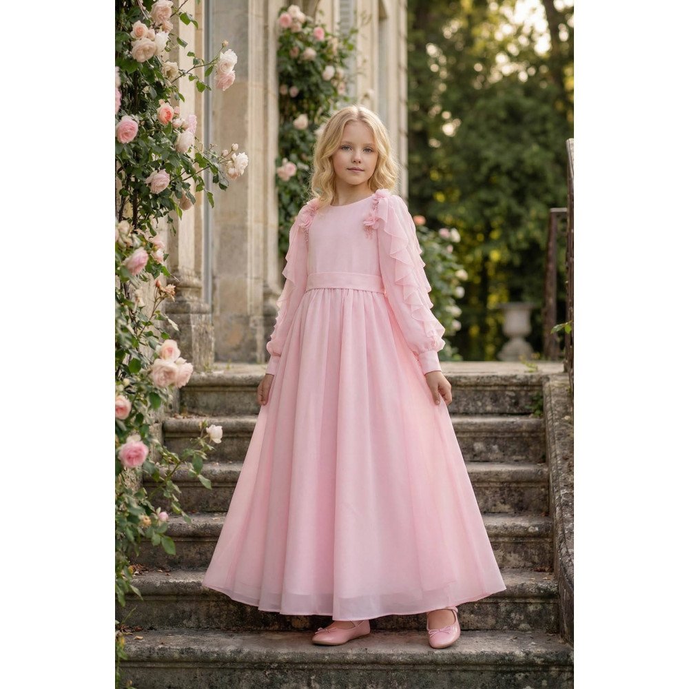 فستان شيفون ماكسي - وردي - لبنات السن المحير والمحجبات 36382