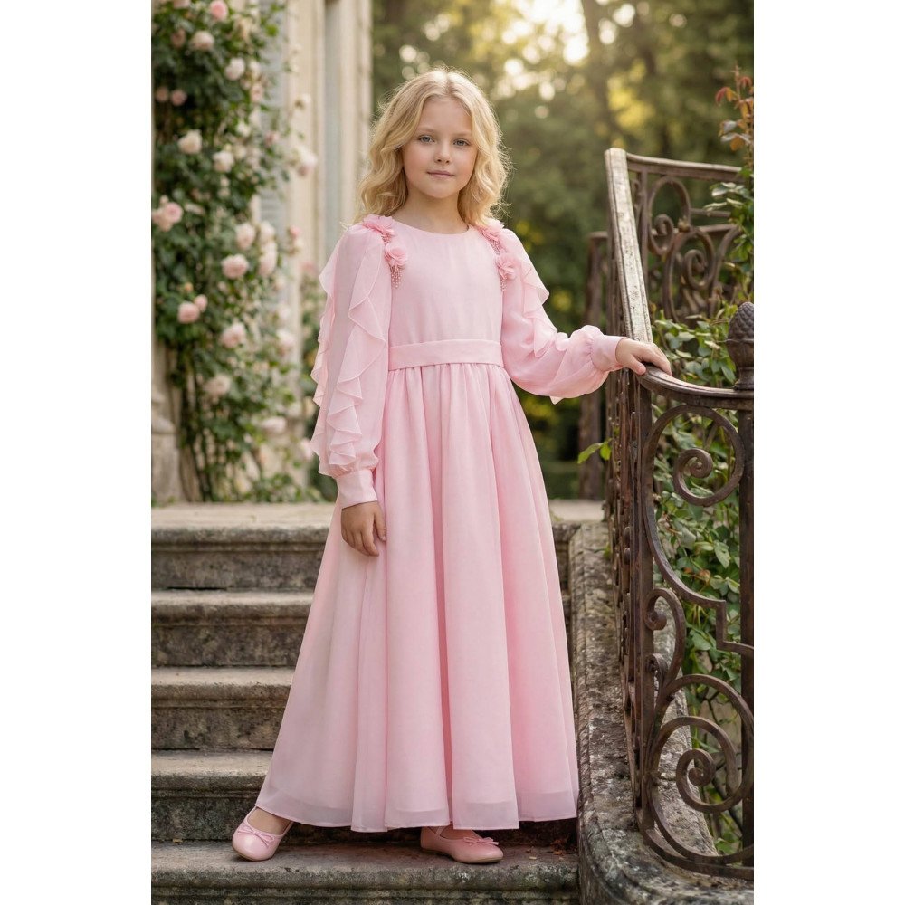 فستان شيفون ماكسي - وردي - لبنات السن المحير والمحجبات 36382