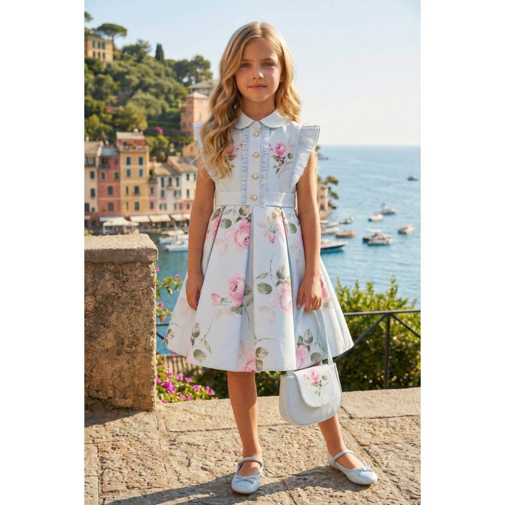 فستان - أزرق - بنقشة زهور مع حقيبة مطابقة 36343