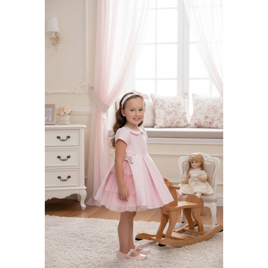 فستان - وردي - مع تفاصيل فيونكة و اكسسوار شعر 36169