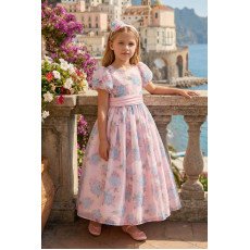 فستان ماكسي - وردي - من الأورجانزا مزين بالزهور مع إكسسوار للشعر 36368