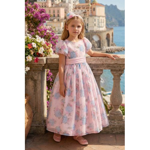 فستان ماكسي - وردي - من الأورجانزا مزين بالزهور مع إكسسوار للشعر 36368