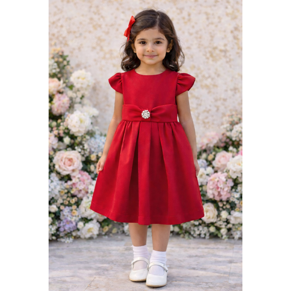 فستان أحمر بحزام شكل فيونكة 26005