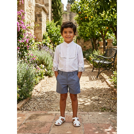 طقم أولادي كلاسيكي  – قميص أبيض بياقة مربعة وشورت أزرق 202614 