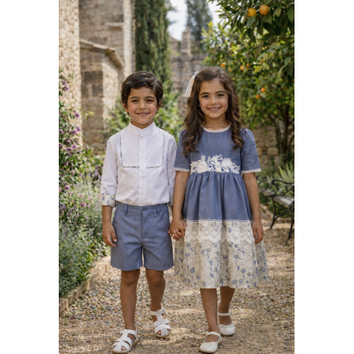 طقم أولادي كلاسيكي  – قميص أبيض بياقة مربعة وشورت أزرق 202614 