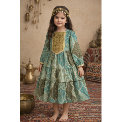 فستان اورجنزا مميز مطرز بنقوش وزخارف - درجات الأخضر الفيروزي -   240531