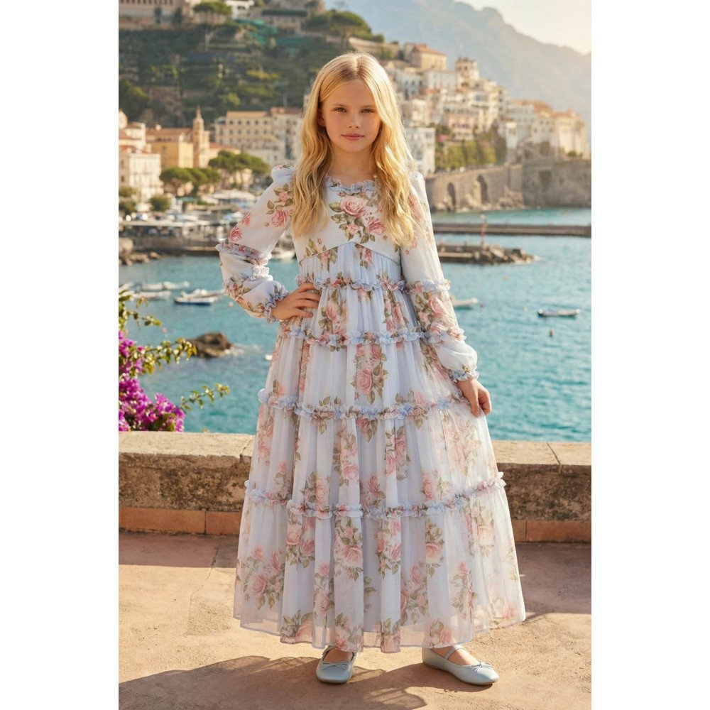 فستان بناتي - أزرق - طويل بطبقات وزخرفة زهور وكشكش لبنات السن المحير والمحجبات 36396