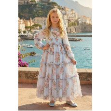 فستان بناتي - أزرق - طويل بطبقات وزخرفة زهور وكشكش لبنات السن المحير والمحجبات 36396