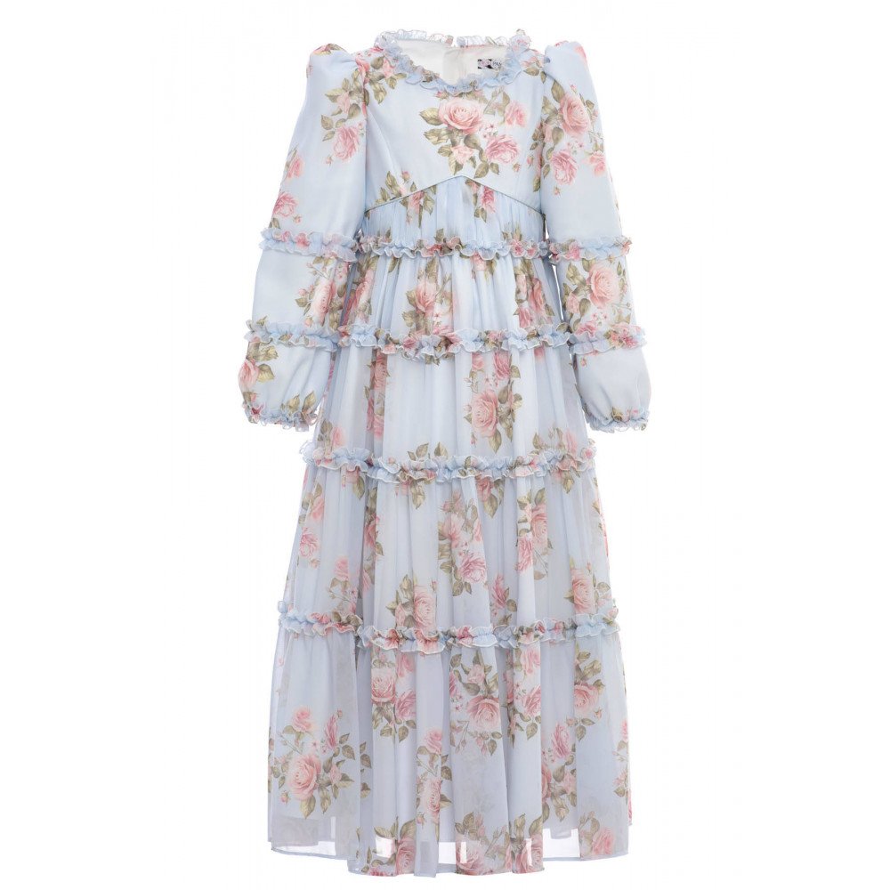 فستان بناتي - أزرق - طويل بطبقات وزخرفة زهور وكشكش لبنات السن المحير والمحجبات 36396