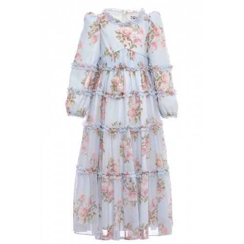 فستان بناتي - أزرق - طويل بطبقات وزخرفة زهور وكشكش لبنات السن المحير والمحجبات 36396 فستان بناتي - أزرق - طويل بطبقات وزخرفة زهور وكشكش لبنات السن المحير والمحجبات 36396