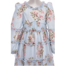 فستان بناتي - أزرق - طويل بطبقات وزخرفة زهور وكشكش لبنات السن المحير والمحجبات 36396