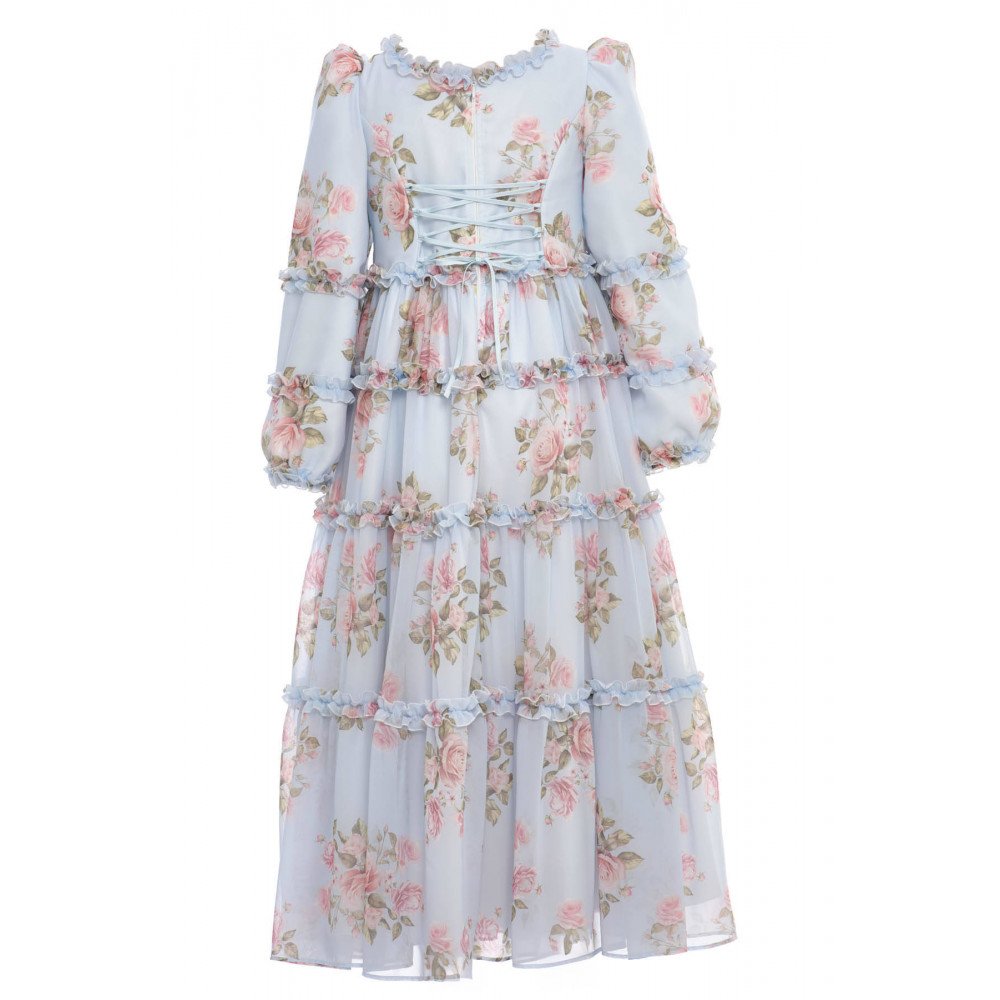 فستان بناتي - أزرق - طويل بطبقات وزخرفة زهور وكشكش لبنات السن المحير والمحجبات 36396