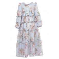 فستان بناتي - أزرق - طويل بطبقات وزخرفة زهور وكشكش لبنات السن المحير والمحجبات 36396