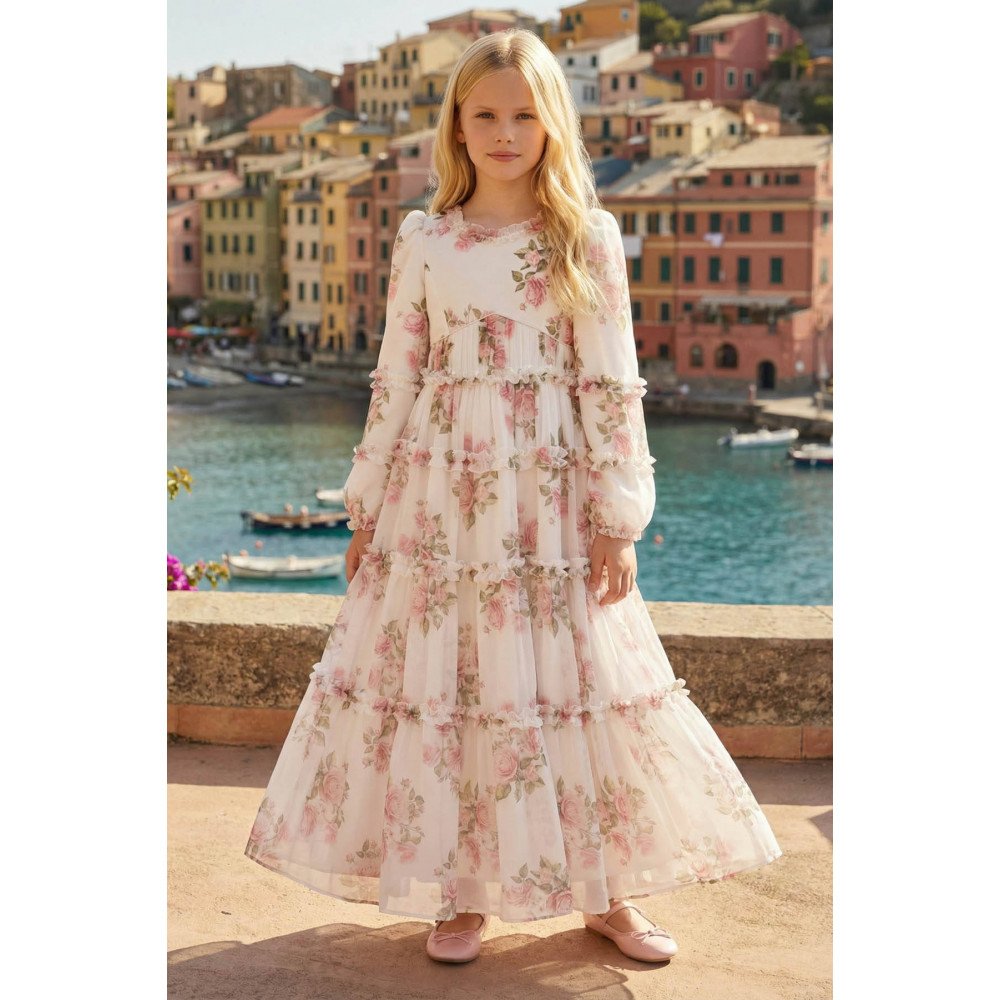 فستان بناتي - بيج - طويل بطبقات وزخرفة زهور وكشكش لبنات السن المحير والمحجبات 36396 فستان بناتي - بيج - طويل بطبقات وزخرفة زهور وكشكش لبنات السن المحير والمحجبات 36396