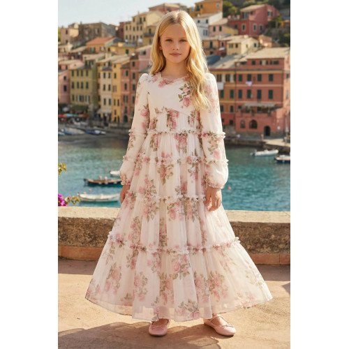 فستان بناتي - بيج - طويل بطبقات وزخرفة زهور وكشكش لبنات السن المحير والمحجبات 36396 فستان بناتي - بيج - طويل بطبقات وزخرفة زهور وكشكش لبنات السن المحير والمحجبات 36396