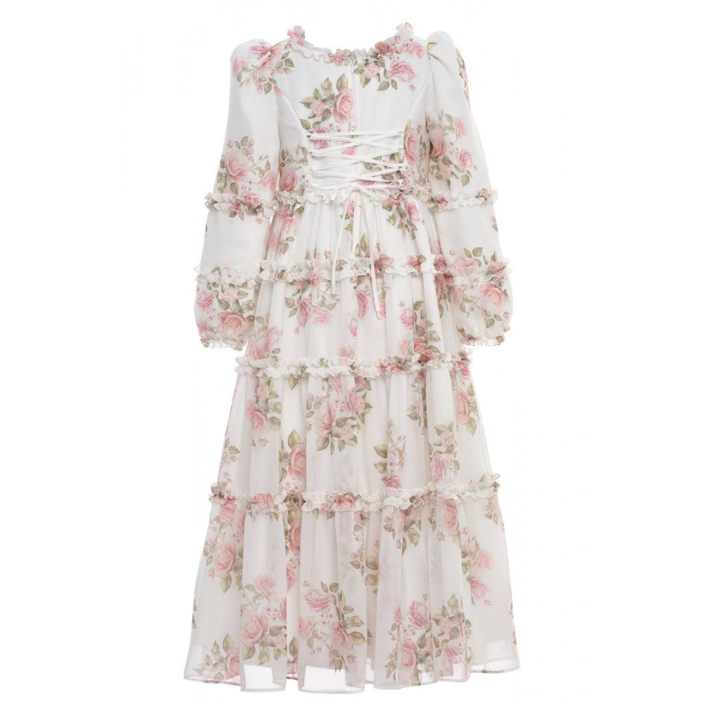 فستان بناتي - بيج - طويل بطبقات وزخرفة زهور وكشكش لبنات السن المحير والمحجبات 36396 فستان بناتي - بيج - طويل بطبقات وزخرفة زهور وكشكش لبنات السن المحير والمحجبات 36396