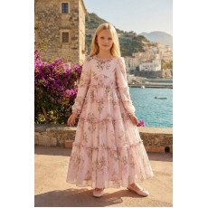 فستان بناتي - وردي - طويل بطبقات وزخرفة زهور وكشكش لبنات السن المحير والمحجبات 36396