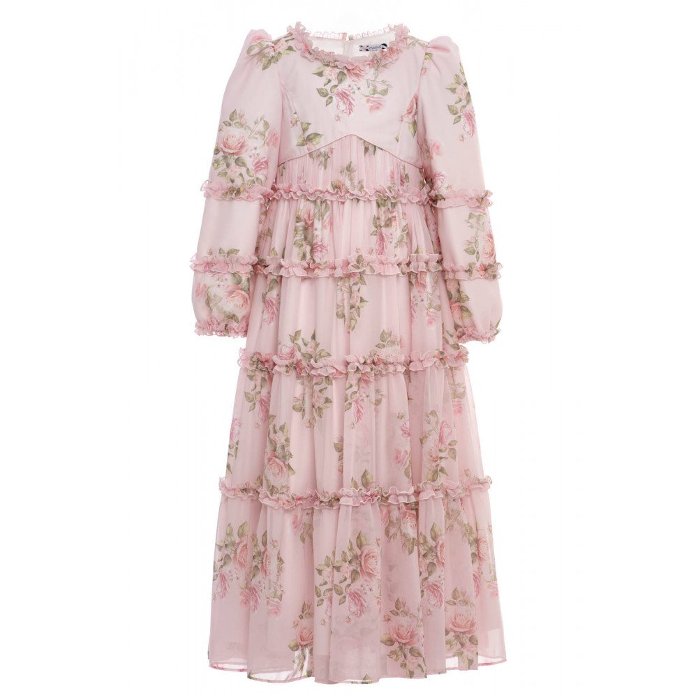 فستان بناتي - وردي - طويل بطبقات وزخرفة زهور وكشكش لبنات السن المحير والمحجبات 36396