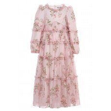 فستان بناتي - وردي - طويل بطبقات وزخرفة زهور وكشكش لبنات السن المحير والمحجبات 36396