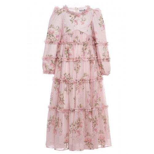 فستان بناتي - وردي - طويل بطبقات وزخرفة زهور وكشكش لبنات السن المحير والمحجبات 36396 فستان بناتي - وردي - طويل بطبقات وزخرفة زهور وكشكش لبنات السن المحير والمحجبات 36396