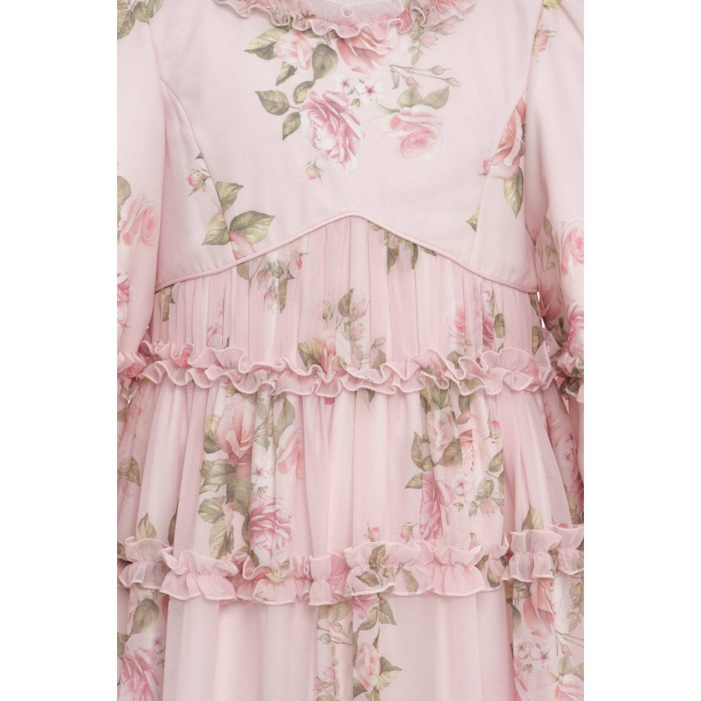 فستان بناتي - وردي - طويل بطبقات وزخرفة زهور وكشكش لبنات السن المحير والمحجبات 36396