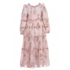 فستان بناتي - وردي - طويل بطبقات وزخرفة زهور وكشكش لبنات السن المحير والمحجبات 36396