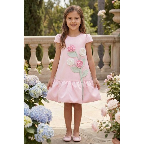 فستان بناتي - وردي - بأكمام منفوشة مع تطبيقات زهورر 36264 فستان بناتي - وردي - بأكمام منفوشة مع تطبيقات زهورر 36264