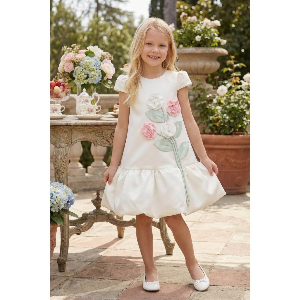 فستان بناتي - أبيض - بأكمام منفوشة مع تطبيقات زهورر 36264