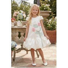 فستان بناتي - أبيض - بأكمام منفوشة مع تطبيقات زهورر 36264