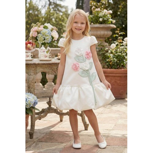 فستان بناتي - أبيض - بأكمام منفوشة مع تطبيقات زهورر 36264 فستان بناتي - أبيض - بأكمام منفوشة مع تطبيقات زهورر 36264