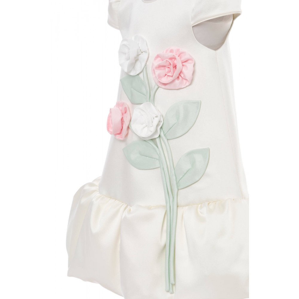 فستان بناتي - أبيض - بأكمام منفوشة مع تطبيقات زهورر 36264