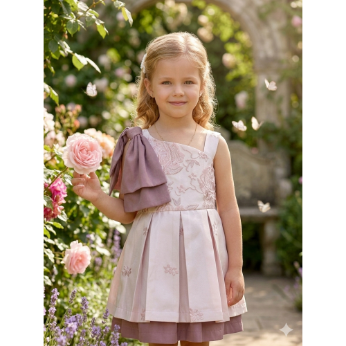 فستان جاكار باللون الوردي المغبر والزهور 202624 فستان جاكار باللون الوردي المغبر والزهور 202624