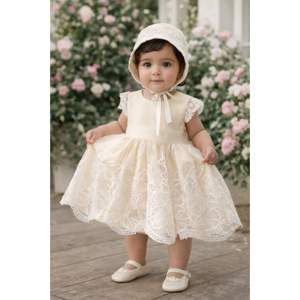 فستان دانتيل - أصفر كريمي - فاخر للعيد والمناسبات مع قبعة 202620 