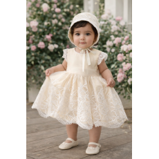 فستان دانتيل - أصفر كريمي - فاخر للعيد والمناسبات مع قبعة 202620 