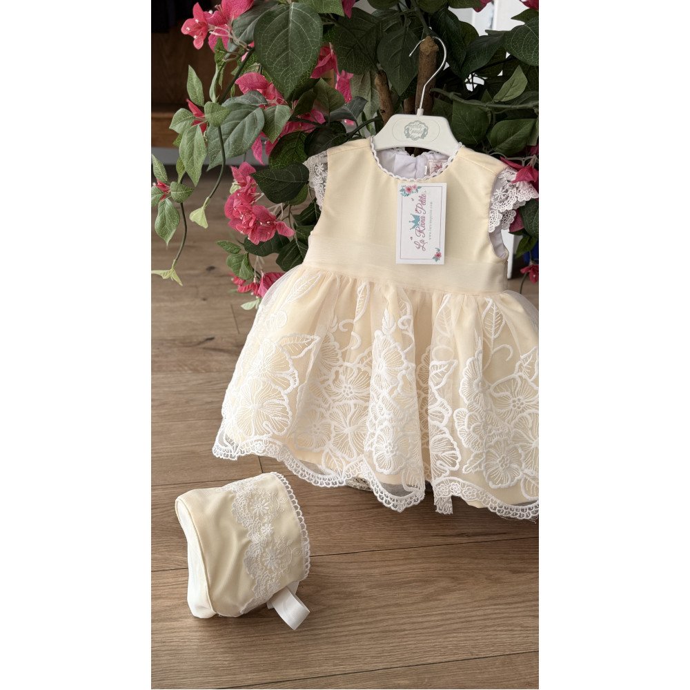 فستان دانتيل - أصفر كريمي - فاخر للعيد والمناسبات مع قبعة 202620 