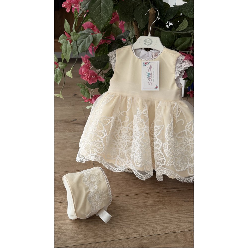 فستان دانتيل - أصفر كريمي - فاخر للعيد والمناسبات مع قبعة 202620 