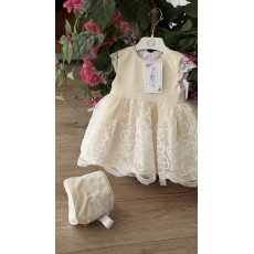 فستان دانتيل - أصفر كريمي - فاخر للعيد والمناسبات مع قبعة 202620 