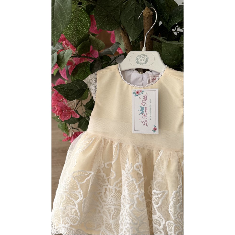 فستان دانتيل - أصفر كريمي - فاخر للعيد والمناسبات مع قبعة 202620 