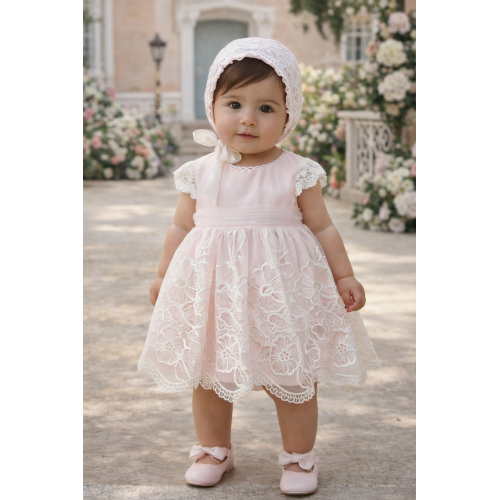 فستان دانتيل - وردي - فاخر للعيد والمناسبات مع قبعة 26016