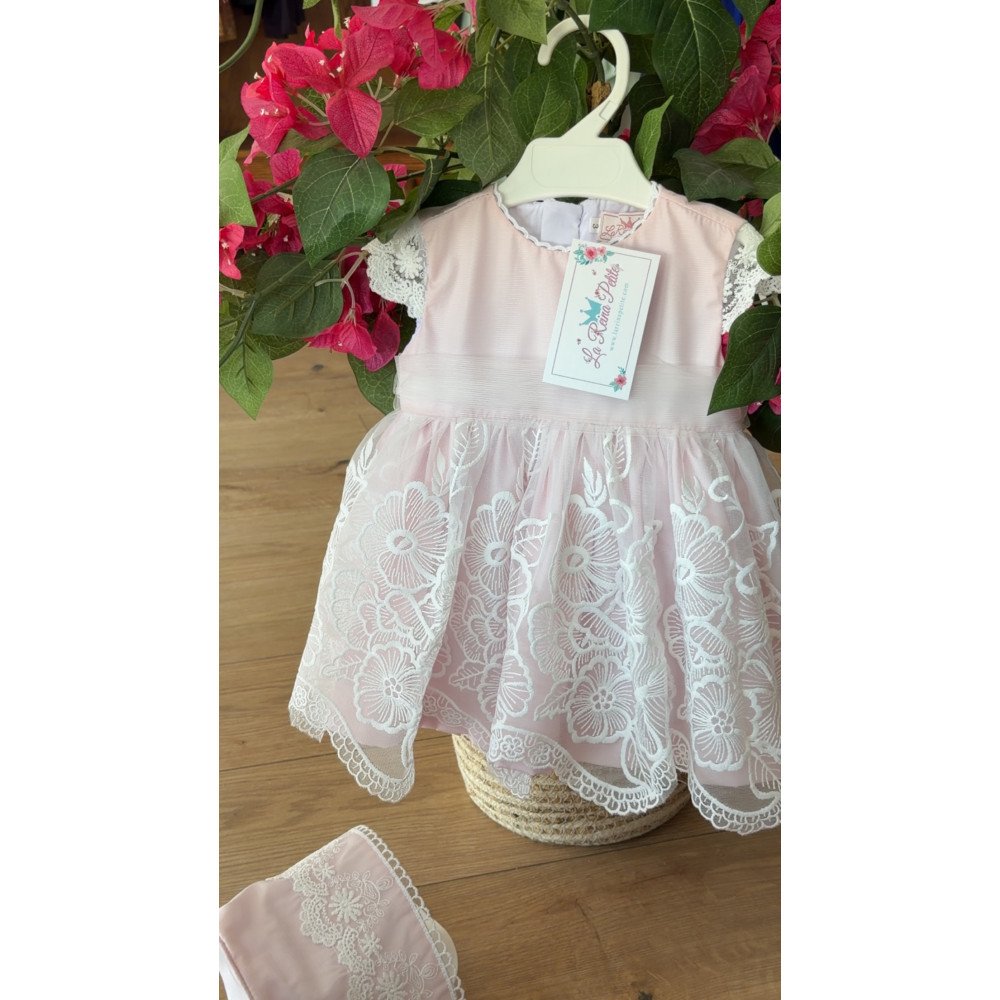 فستان دانتيل - وردي - فاخر للعيد والمناسبات مع قبعة 26016