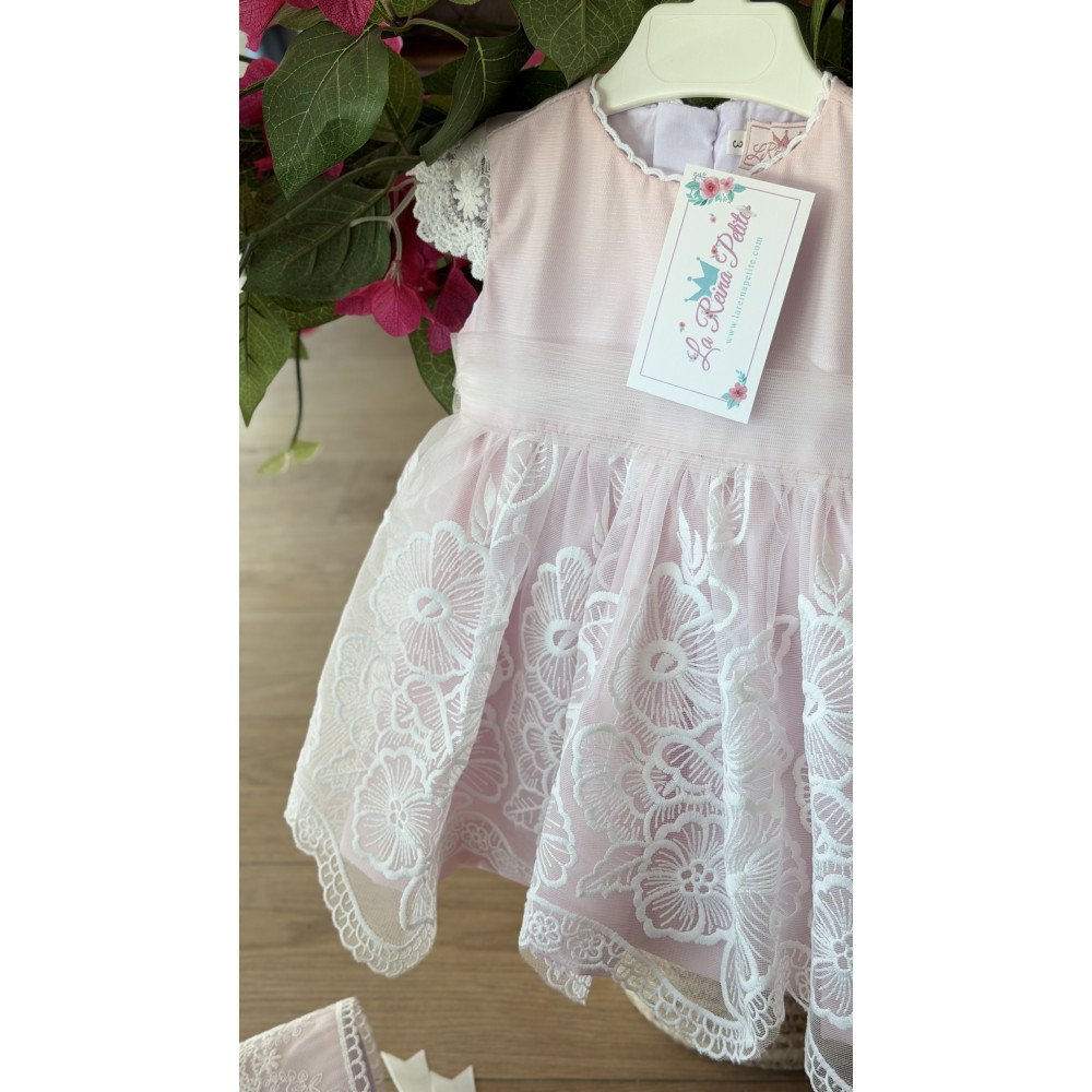 فستان دانتيل - وردي - فاخر للعيد والمناسبات مع قبعة 26016