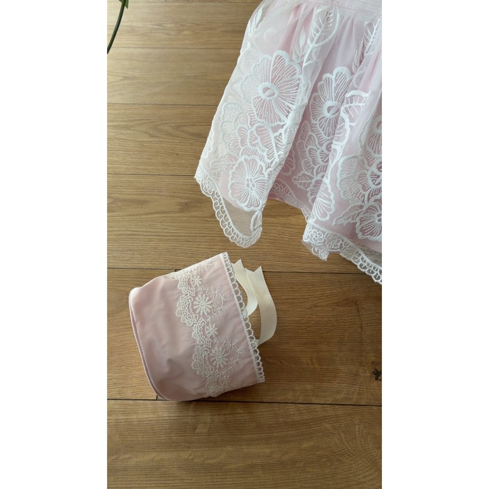 فستان دانتيل - وردي - فاخر للعيد والمناسبات مع قبعة 26016