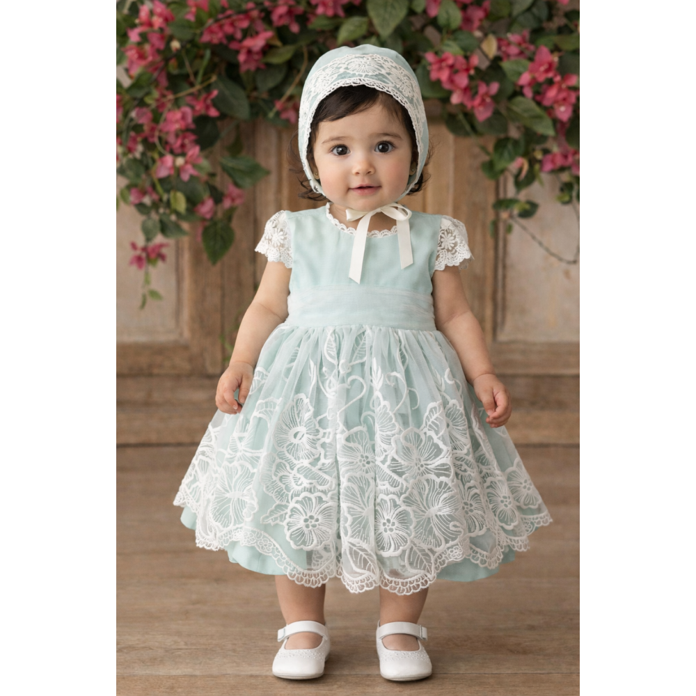 فستان دانتيل - أخضر - فاخر للعيد والمناسبات مع قبعة 26017