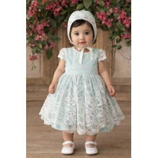 فستان دانتيل - أخضر - فاخر للعيد والمناسبات مع قبعة 26017